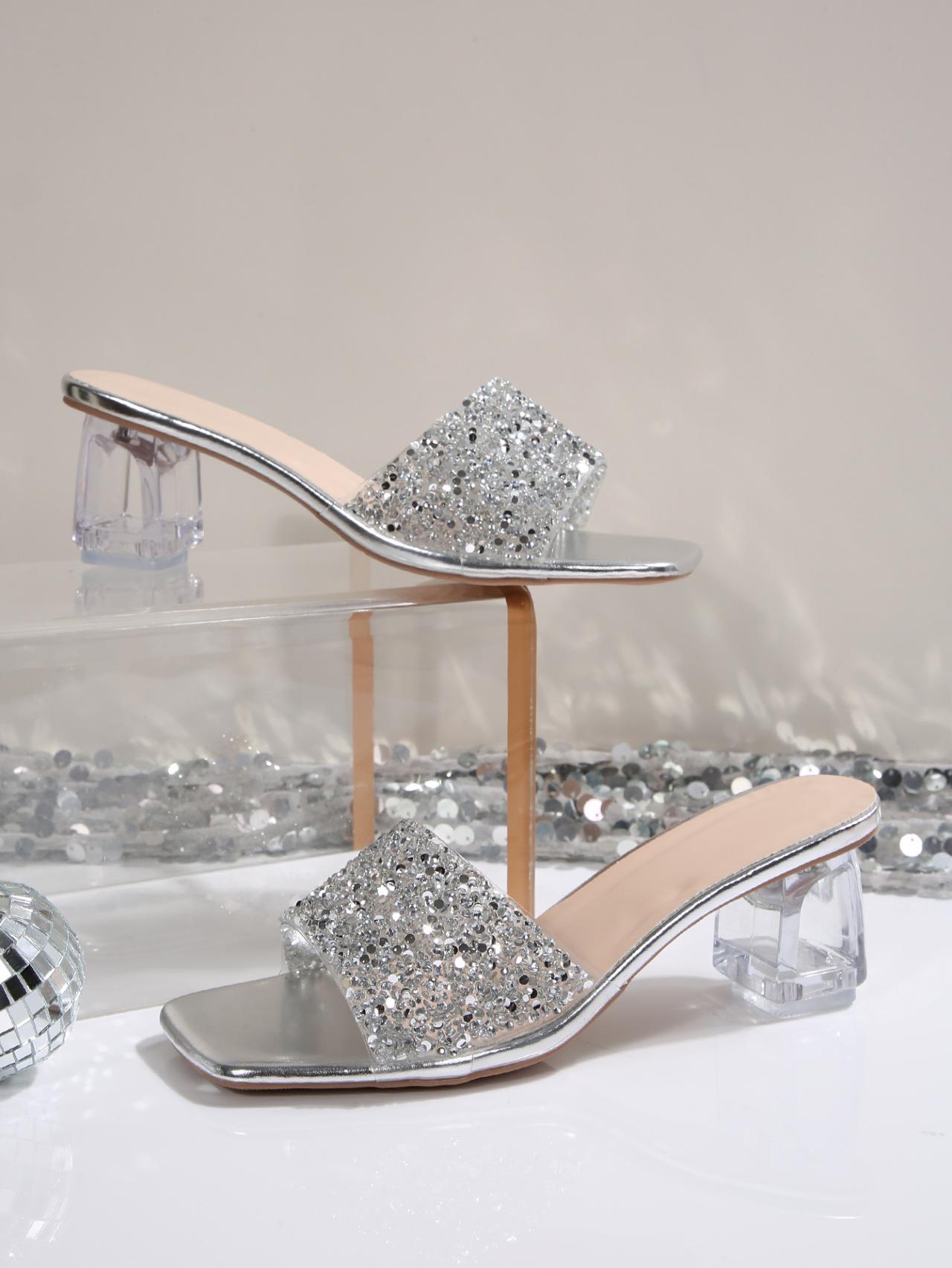 

French cool slippers fairy shoes 2025 summer wear fashion temperament sequined sandals thick heel high heel sandals 42