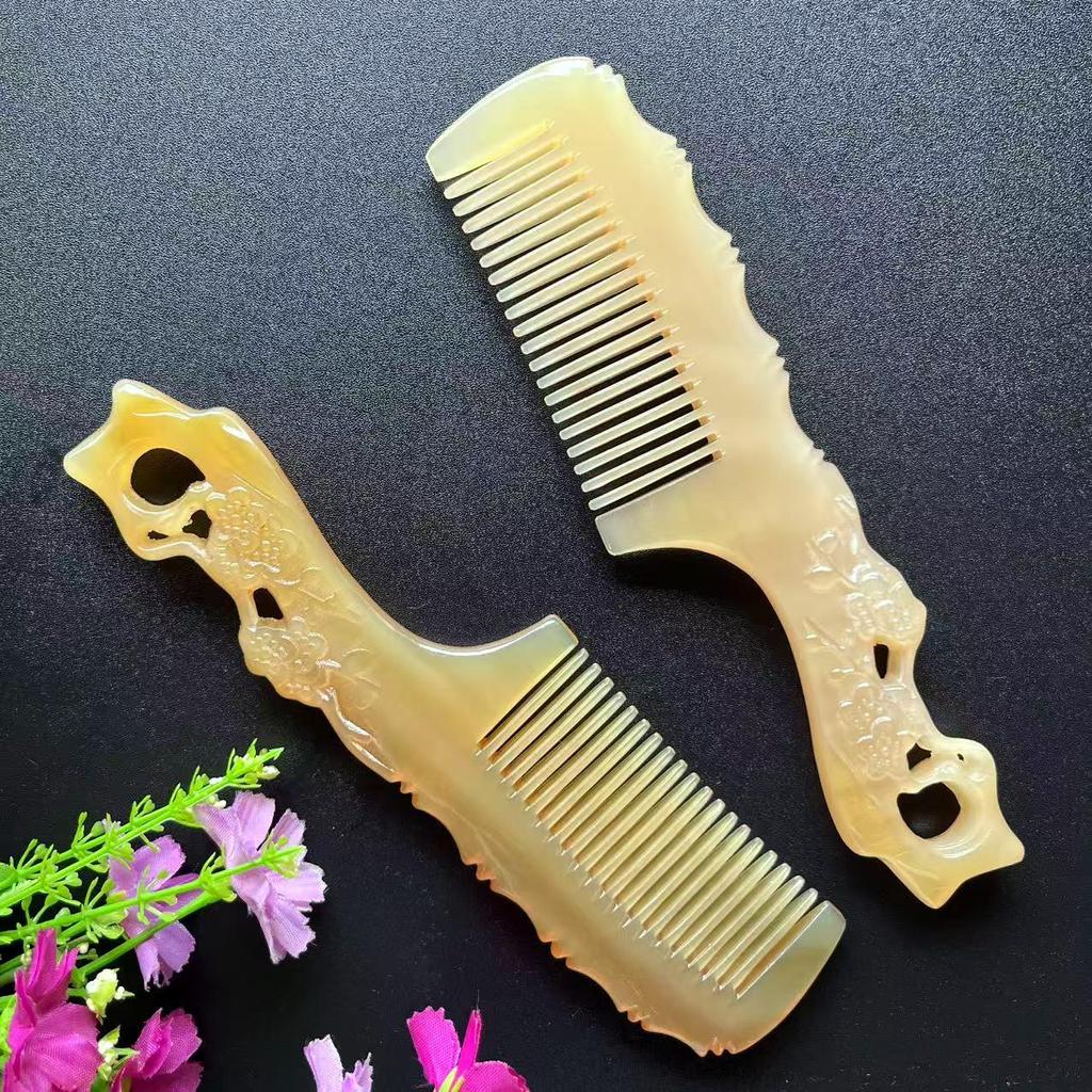 Carved Cow Horn Anti-Static Comb with Handle & Meridian Bag
