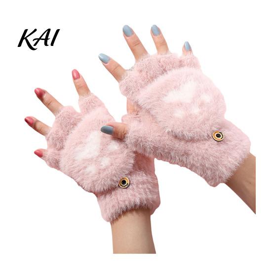 Practical Gift for Winter Furry Cat Paw Thermal Gloves, Flip Top Mitten with Button Women, Half Finger Writing Gloves Students Plush Cute Bear