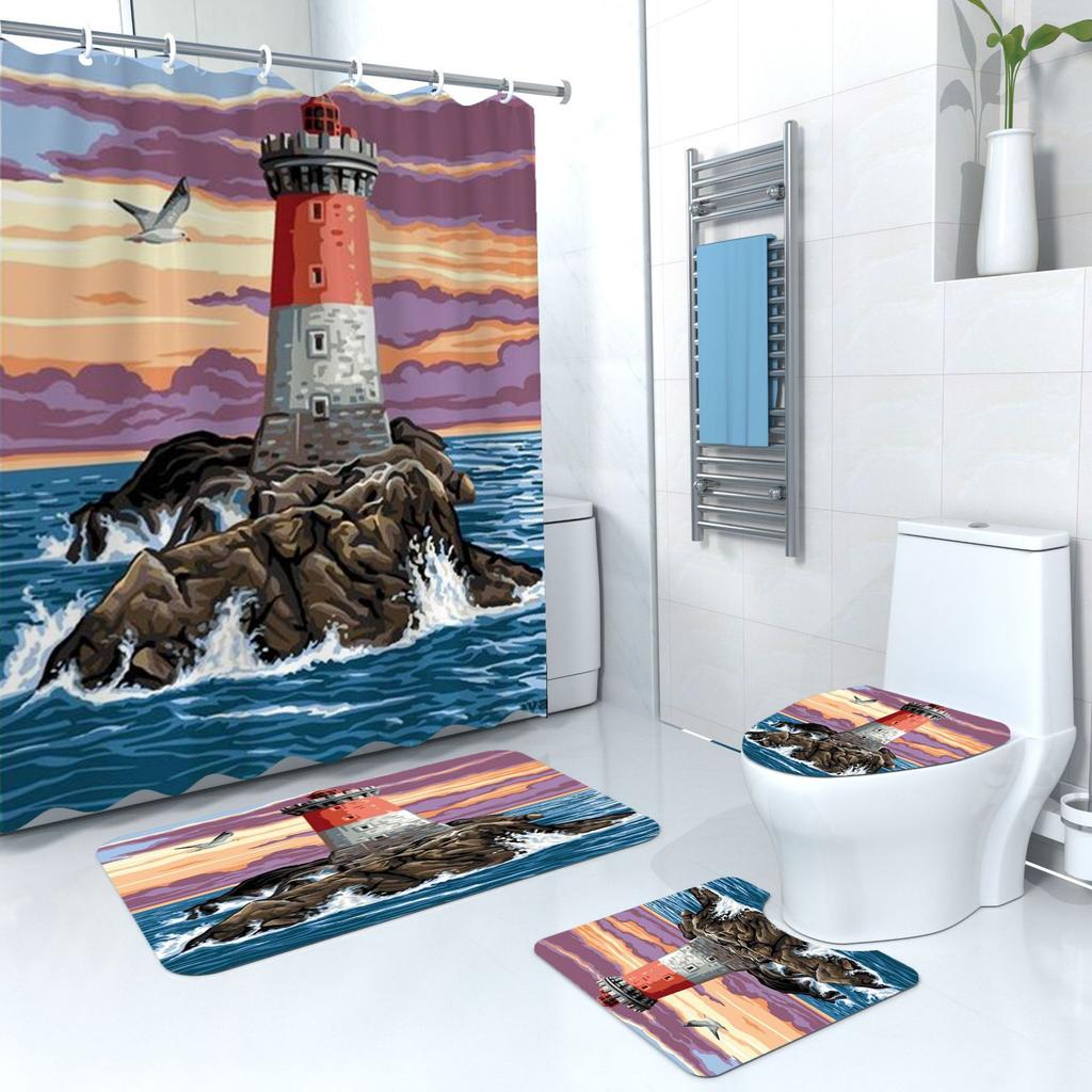 Shower Curtain Digital Printing Shower Curtain Lighthouse Landscape Polyester Bathroom Partition Curtain Bathroom Four-Piece Set