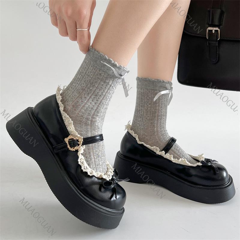 Fashion French Brown Round Head Thick Bottom Lolita Shoes New Spring Shallow Mouth Mary Jane Single Shoes Casual Lace Flat Bottom Loaers