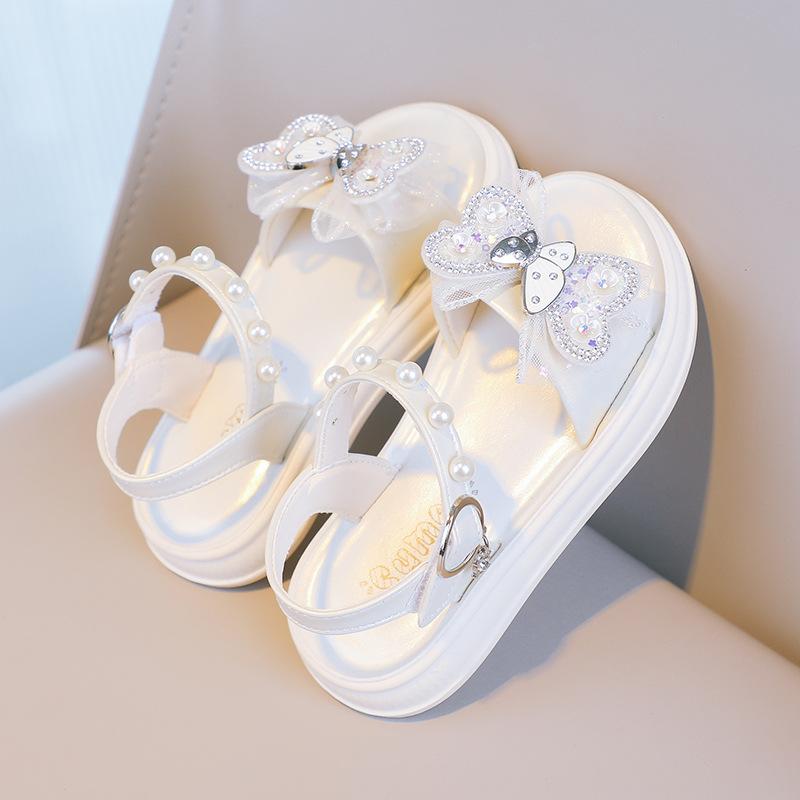 Mädchen Strandschuhe Weiche Sohle Komfort Kinder Prinzessin Schuhe Spitze Schmetterling 2025 Sommer Neu Kinder Sandalen Süße Perlen Klettverschluss