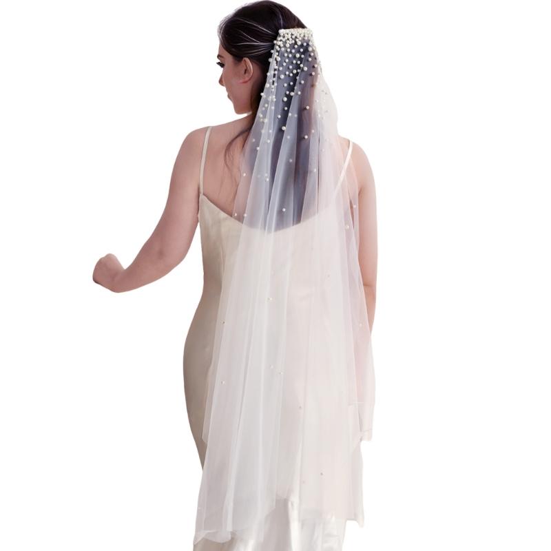 

Luxurious Bridal Veils Airy Sheer Hair Accessory For Wedding Pearls Adorned Headpiece Classical Design белый