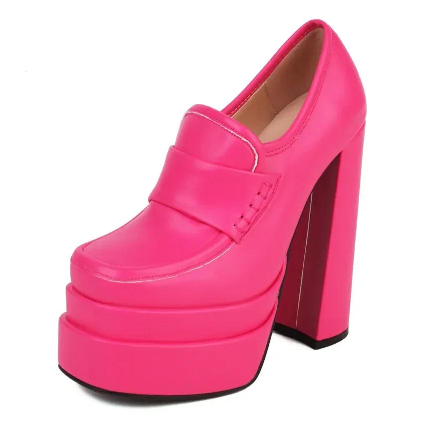 Women High Chunky Heel Platform Loafers Rosy Pink White Microfiber Party Club Lady Slip-on Square Toe British Thick Bottom Pumps