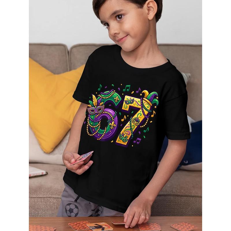 European Sizes Mardi Gras '67 New Orleans Retro T-Shirt for Boys - Vintage Number 67 Print, Casual Kids Wear Suitable for Birthday Gifts