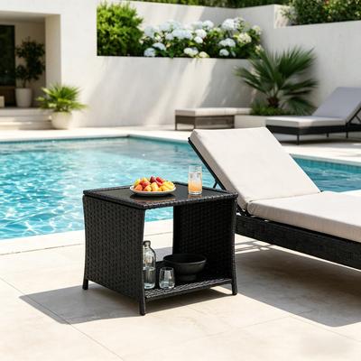 Rattan Garden Table, Small Side Table, Patio Table with Storage Space, Coffee Table