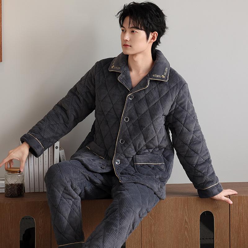 Winter padded pajamas men's thickened coral fleece three-layer warm homewear winter super thick can be worn outside large size padded jacket