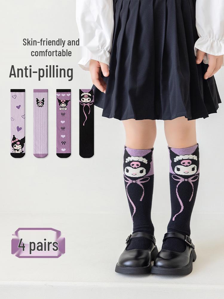 Children's Kuromi Cotton Knee-High Socks: Cartoon Calf Socks for Girls, Korean Style, Spring/Autumn, Mid-Calf.