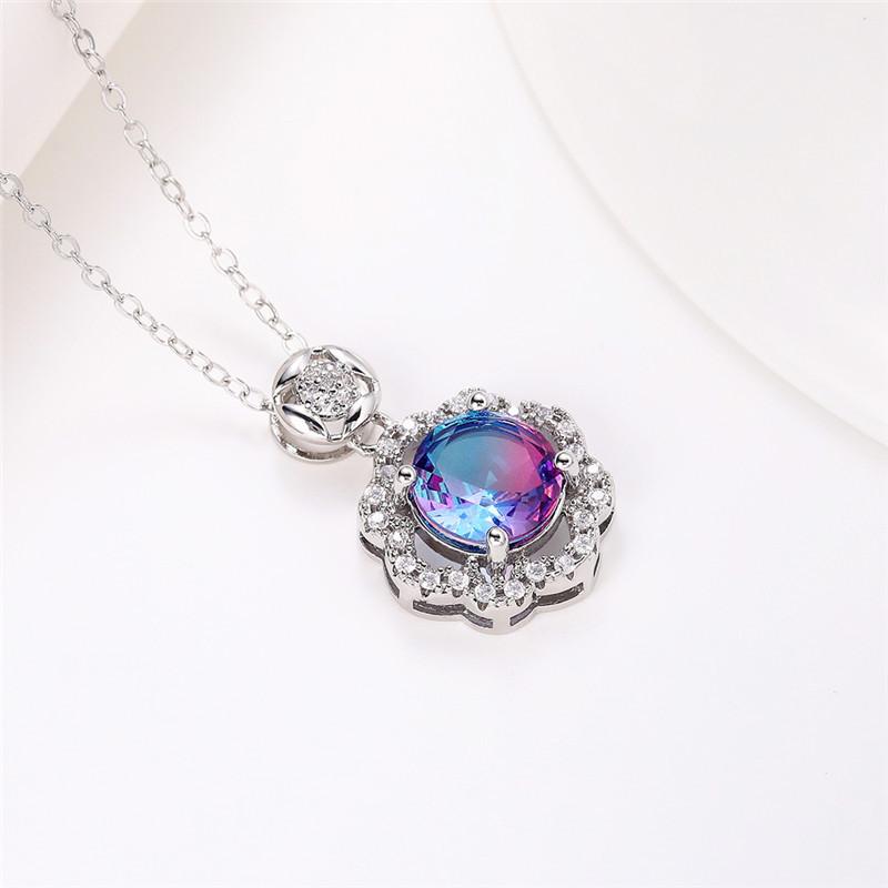Silver Plated Colorful Round CZ Halo Pendant Necklace, Floral Frame Moving Stone Cable Chain Necklace for Women
