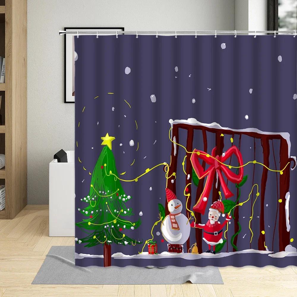 Merry Christmas Shower Curtain Santa Claus Elk Snow Scenery Tree Holiday Gift Red Decor Wall Cloth Bathroom Screen Curtains Sets