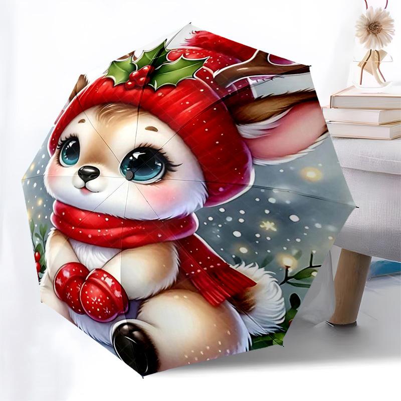 

1pc Christmas Deer Hat with Holly Berries, Auto Open Close Umbrella, Portable 3-Fold Design, 8-Bone Iron Frame, Outdoor Umbrella, Festive Gift for Fan