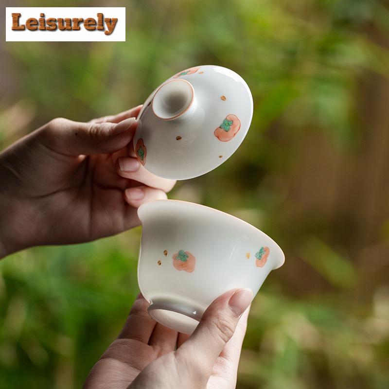 90ml Hand-painted Persimmon Gaiwan Ancient White Porcelain Ercai Ruyi Tea Tureen Tea Making Cover Bowl Tableware Ornaments Gifts