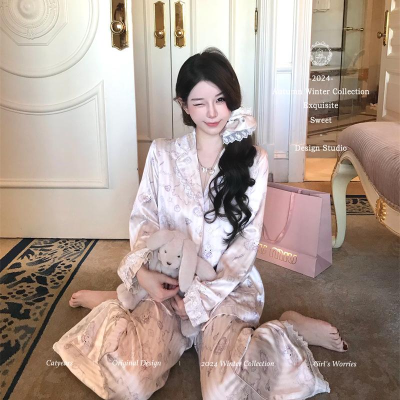 Plaid lace hellokitty cat pajamas women's spring and autumn long-sleeved student homewear suit outer wear spot