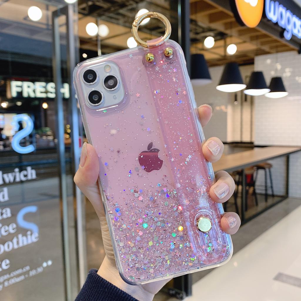 Glitter Shiny Star Sequins Wrist Strap Stand Case For iPhone 16 15 14 13 12 11 Pro Max Plus Mini XS XR X 87 Clear Silicone Cover