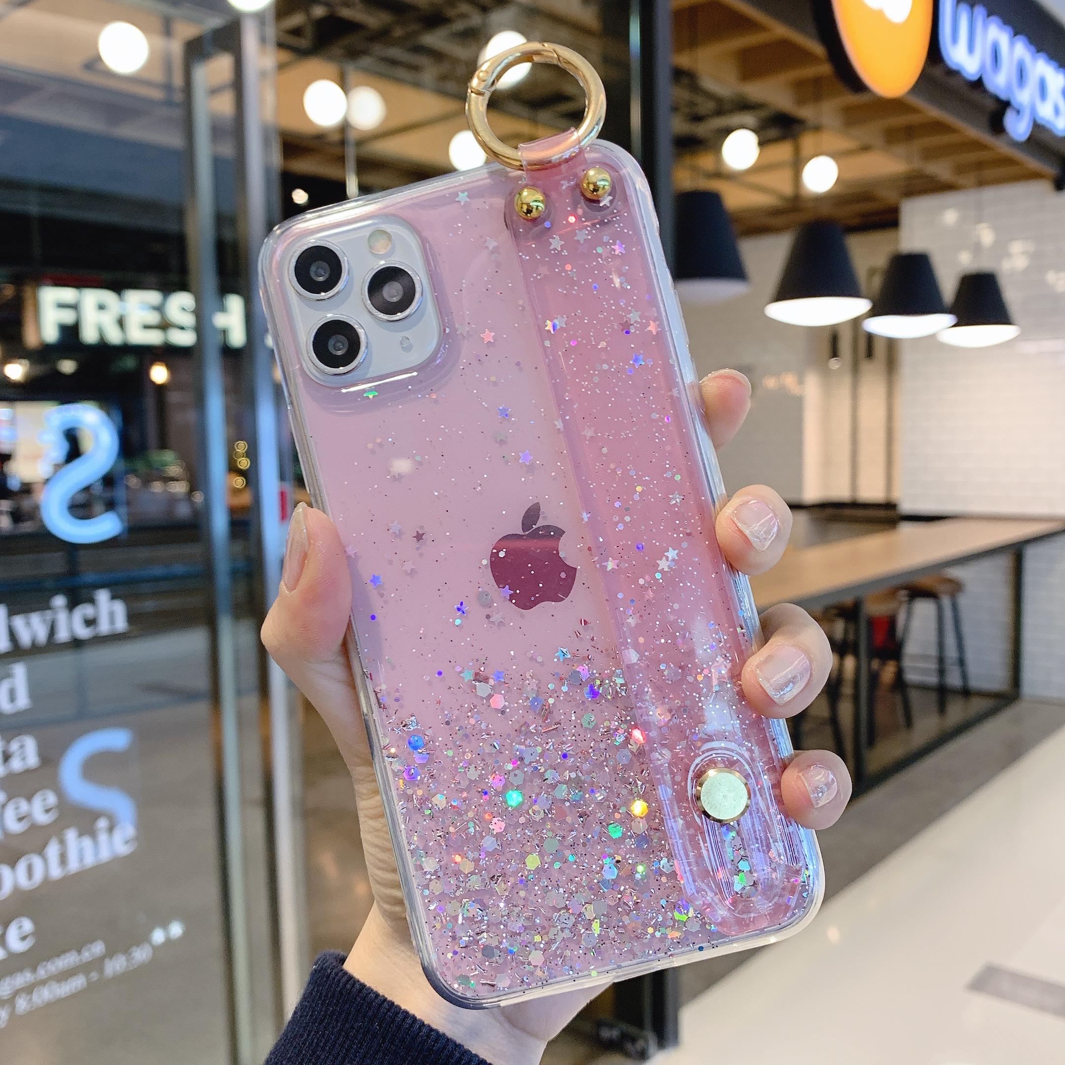 

Блестящие Звездные Пайетки Ремешок на Запястье Подставка Чехол Для iPhone 16 15 14 13 12 11 Pro Max Plus Mini XS XR X 87 Прозрачный Силиконовый Чехол For iPhone XS Max
