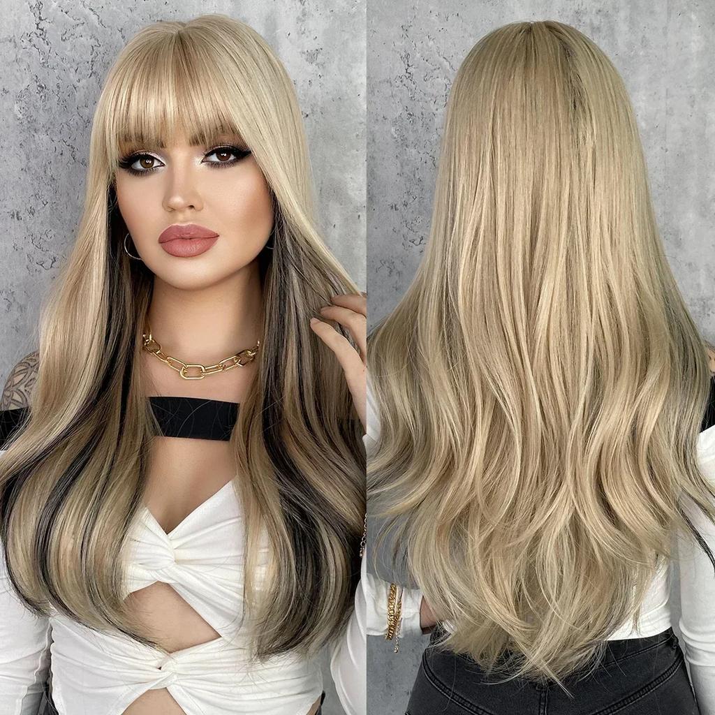 Professional  Loose Long Body Wavy Orange Wig for Women Daily Use Fashion Synthetic LightOrange Curly Hair Wigs with Bangs High Density 28Inch