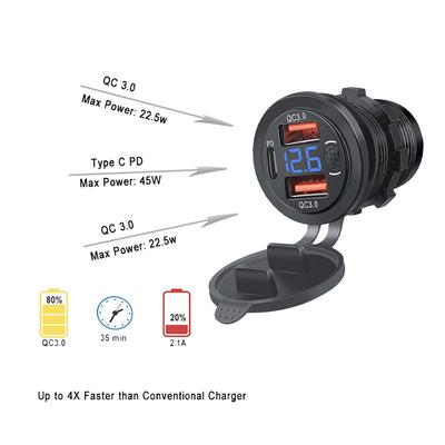Three Ports Car Charger PD Dual QC3.0 USB Charger Socket with With Digital Voltmeter Button Switch 12V/24V for Motorcycle Car