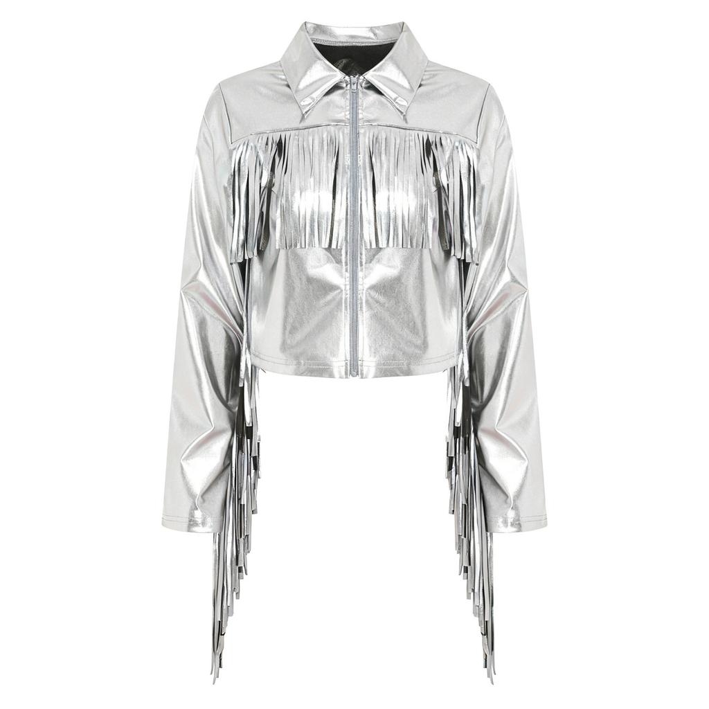 Women's Dance Birthday Party Jacket S-3XL: Tassels Metallic Glossy Turn-Down Collar Long Sleeve Zipper Fringe Shiny Design