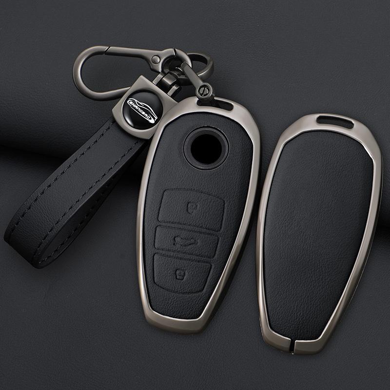Interior Mouldings Zinc Alloy Leather Car Key Cover Fob Case Holder For VW Volkswagen Touareg 2011 2012 2013 2014 2015 2016 2017
