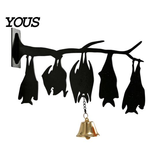 Halloween Courtyard Decoration Hanging Wall Decor, Matte Black Dead Branch Bat Silhouette Ornament Durable Acrylic Holiday Sign with Metal Bell, Easy