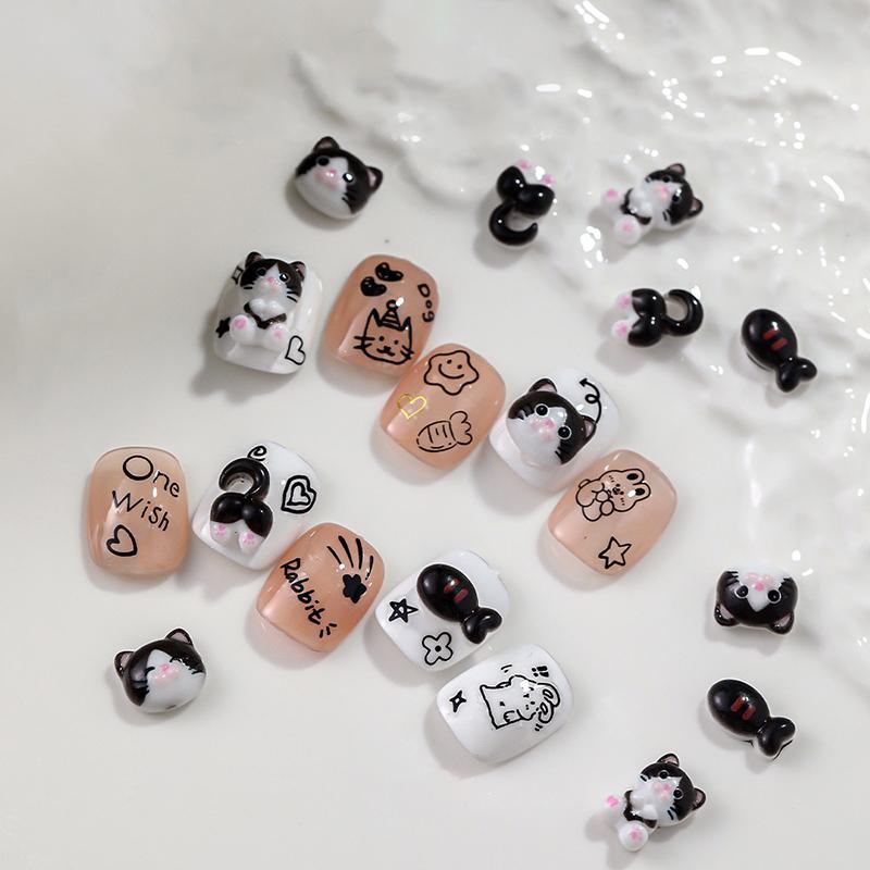 10Pcs Black And White Cat Nail Accessories Cartoon 3D Cute Cat Butt Small Fish Resin Nail Decoration Manicure Jewelry Diy