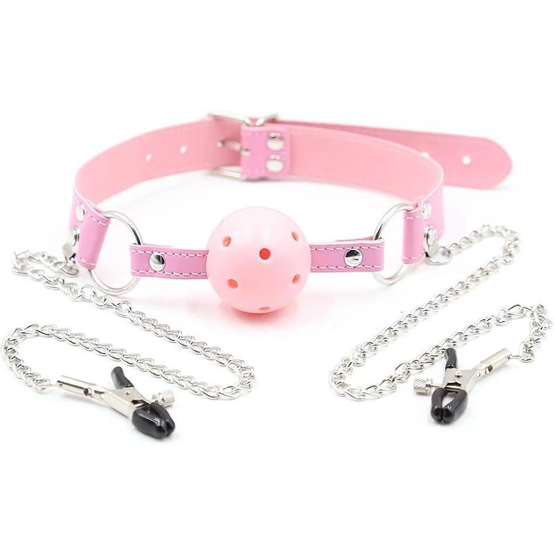 Breathable Pink Leather Bondage Gag Mouth Ball with Adjustable Metal Chain Nipple Clamps -Ultimate Pleasure for Adult Women