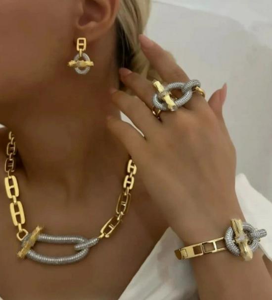 Trendy Hip-Hop Jewelry Set: Copper Zircon Pig Nose Necklace, Earrings, Ring, and Bracelet