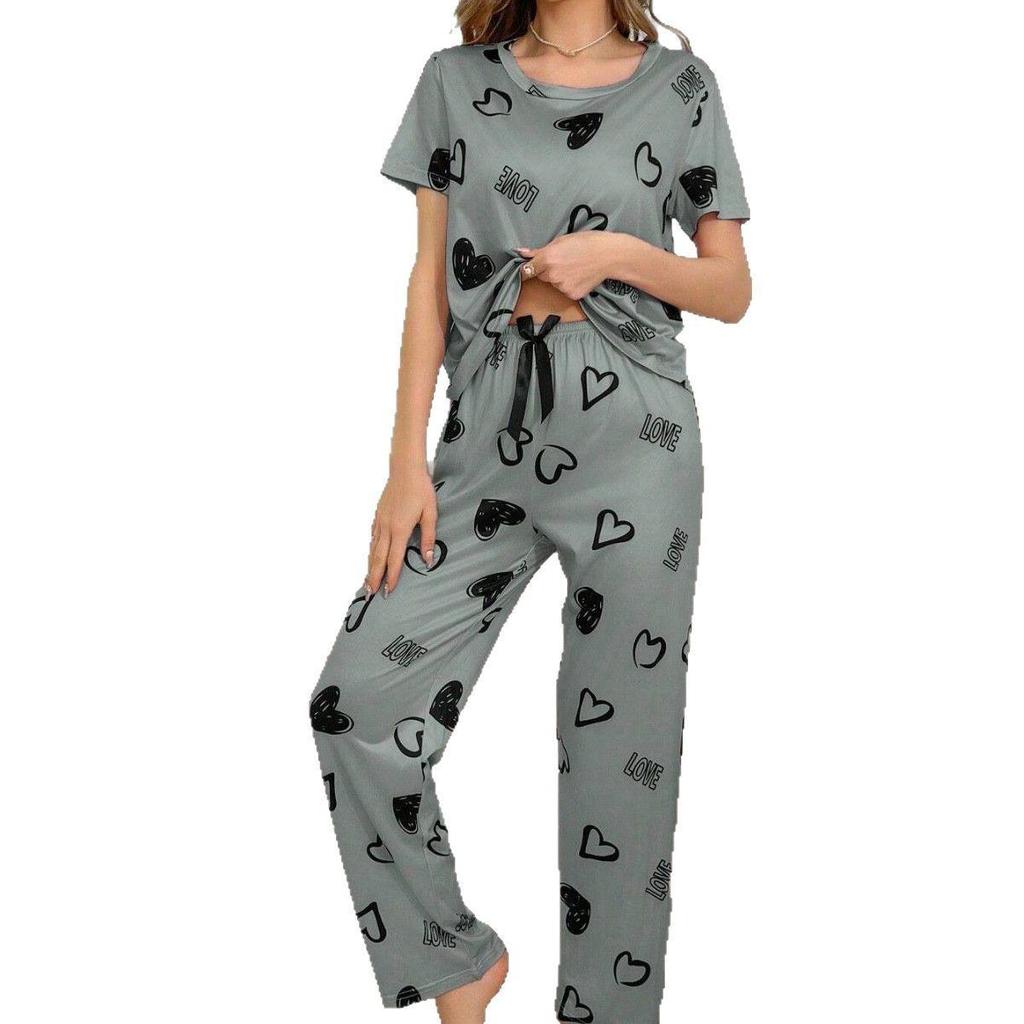 Women's Heart Print Pajama Set: Short Sleeve Top & Long Pants (2025 Collection)