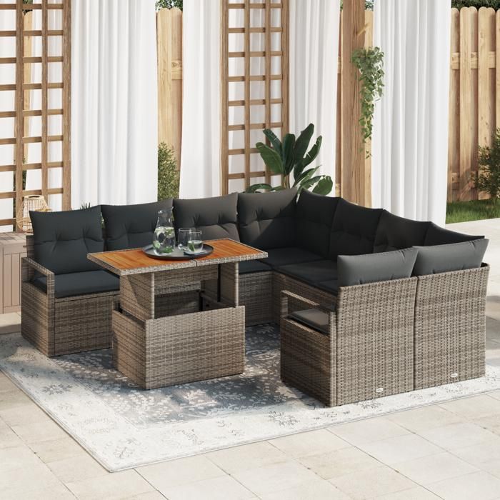 Ensemble de Canapé de Jardin 9 Pièces avec Coussins Gris Poly Rattan Acacia, Canapé de Jardin 2 Places avec Coussins Gris 3349691
