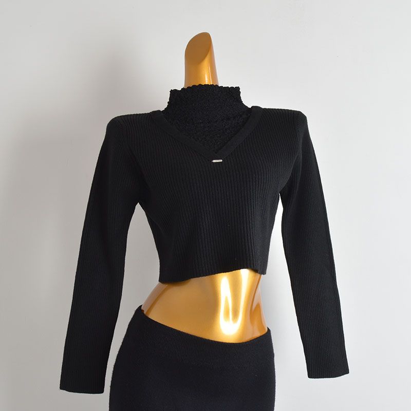 Fall and Winter New Arrival Pure Color Lace Patchwork Half Turtleneck Pullover Sweater Knitwear Women's Clothing Loose Short Bottoming Shirt