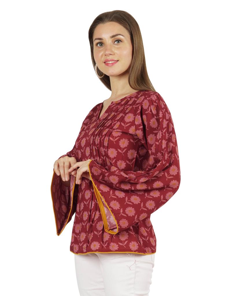 Moomaya Printed Top Full Sleeve Pleated Rayon Kurta Short Tunic Summer Blouse For