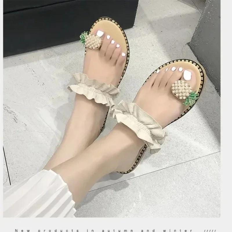 2025 Women Slipper Pineapple Pearl Flat Toe Bohemian Summer Beach Sandals Ladies Shoes Outdoor Leisure Plus Size Mujer Verano
