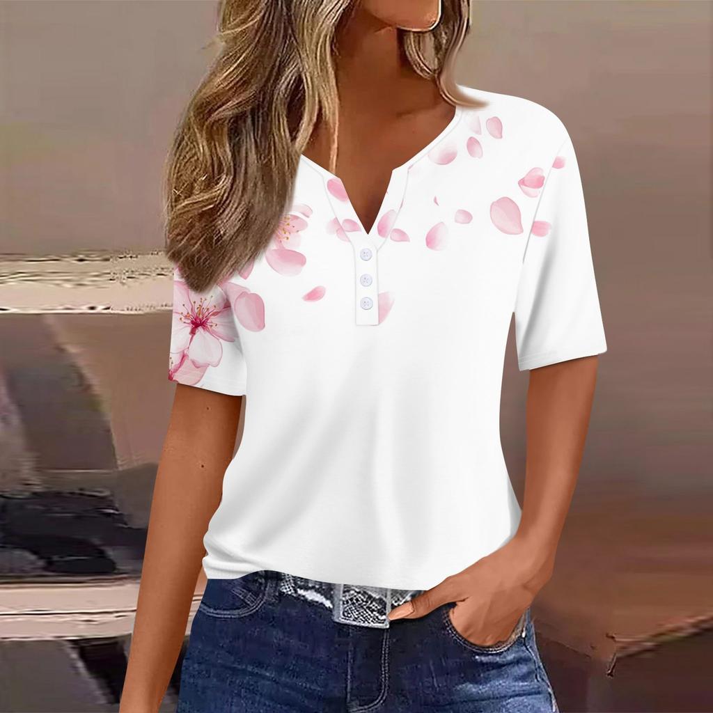 Dámské ležérní tričko s potiskem, výstřihem do V, krátkým rukávem a ozdobnými knoflíky