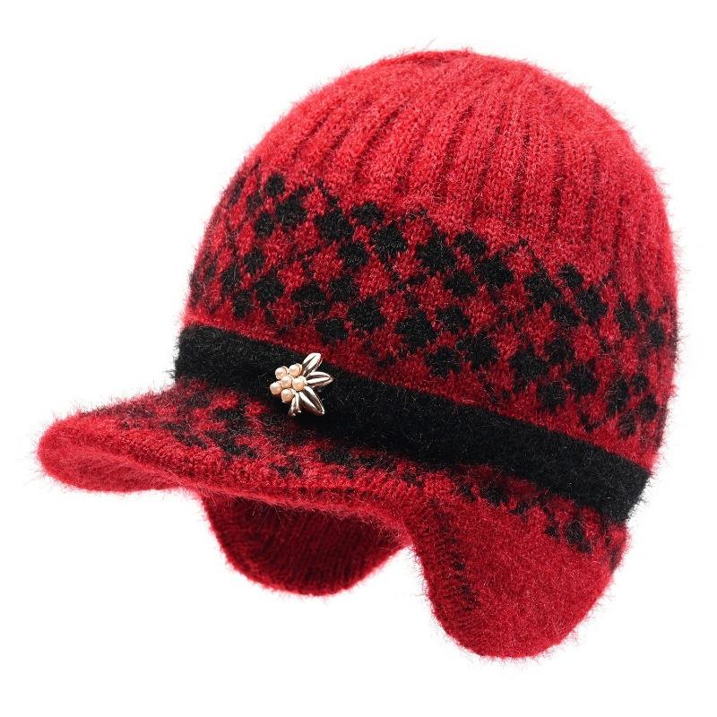 Winter Hat Female Old Lady Knitted Wool Hat Piled Thickened Warm and Cold Ear Hat