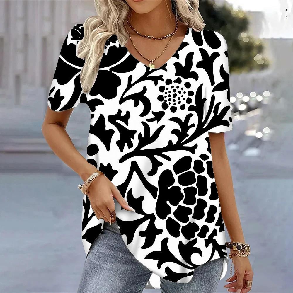

Блузки женские с принтом свежих цветов 3D, с V-образным вырезом и короткими рукавами, акционные графические футболки, женские футболки 5xl