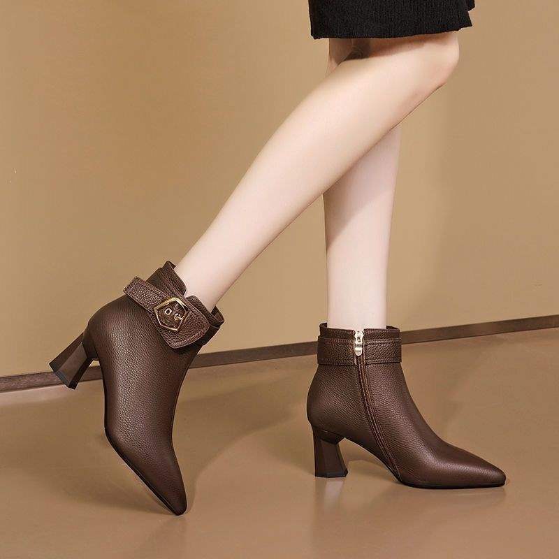 Krótkie buty damskie na grubym obcasie, szpiczaste, jesienno-zimowe, nowe, modne buty na wysokim obcasie, welurowe, stylowe buty damskie