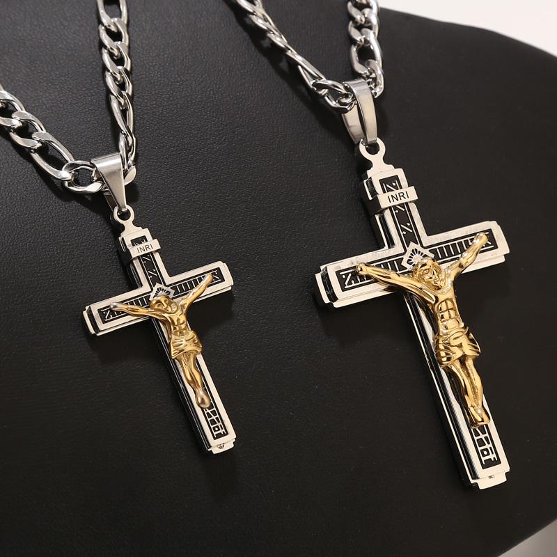 Stainless Steel Large/Small Religious Crucifix Jesus Cross Necklace Pendant Multilayer Jesus Christ Crucifix Necklaces 24''