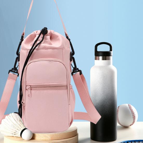 Insulated Water Bottle Sling Bag Adjustable Strap Drawstring Bottle Bag for Hiking Gym Travel Multiple Pockets Bottle Pouch for Phone Keys