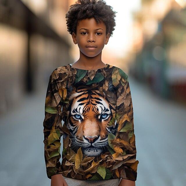 Modne casualowe koszulki dziecięce z długim rękawem z nadrukiem 3D tygrysa i małpy z okrągłym dekoltem