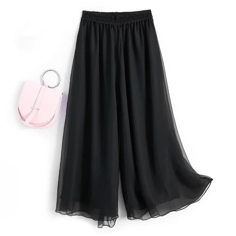 

White Chiffon Wide-Leg Pants for Plus Size, Korean Style Slimming High-Waisted Skirt Trousers (2026). L (recommended 125-170 lbs) чорний