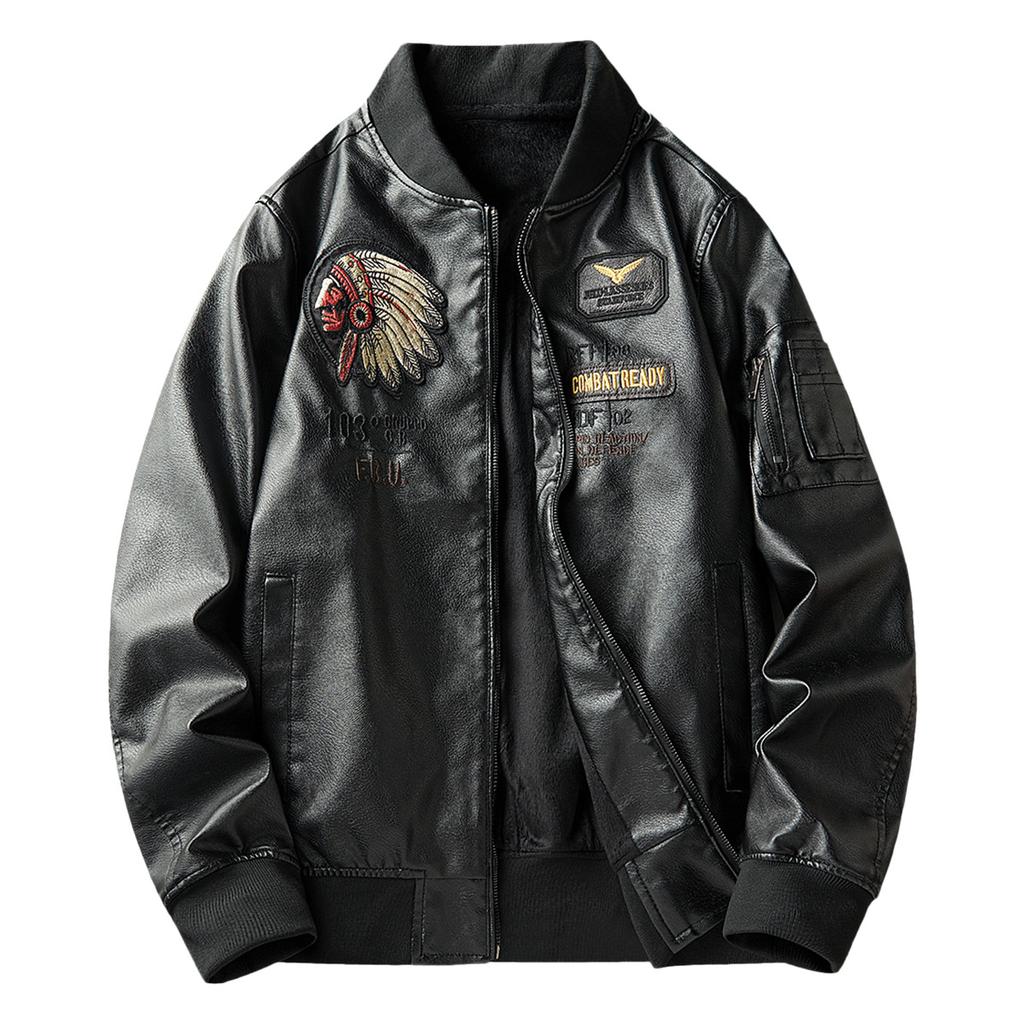 New top autumn and winter fleece leather jacket heavy industry embroidery Indian head stand-up collar retro American machine leather jacket