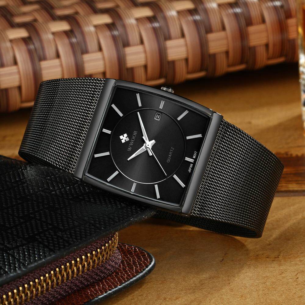 Top Brand WWOOR Quartz Watch Men Square Waterproof Business Men's Watches Luxury Black Steel Strap Sport Wrist Watch