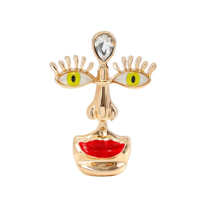 Western Red Lip Nose and Eye Alloy Brooch, Retro Literary Three-dimensional Blue Eye Red Lip Pin