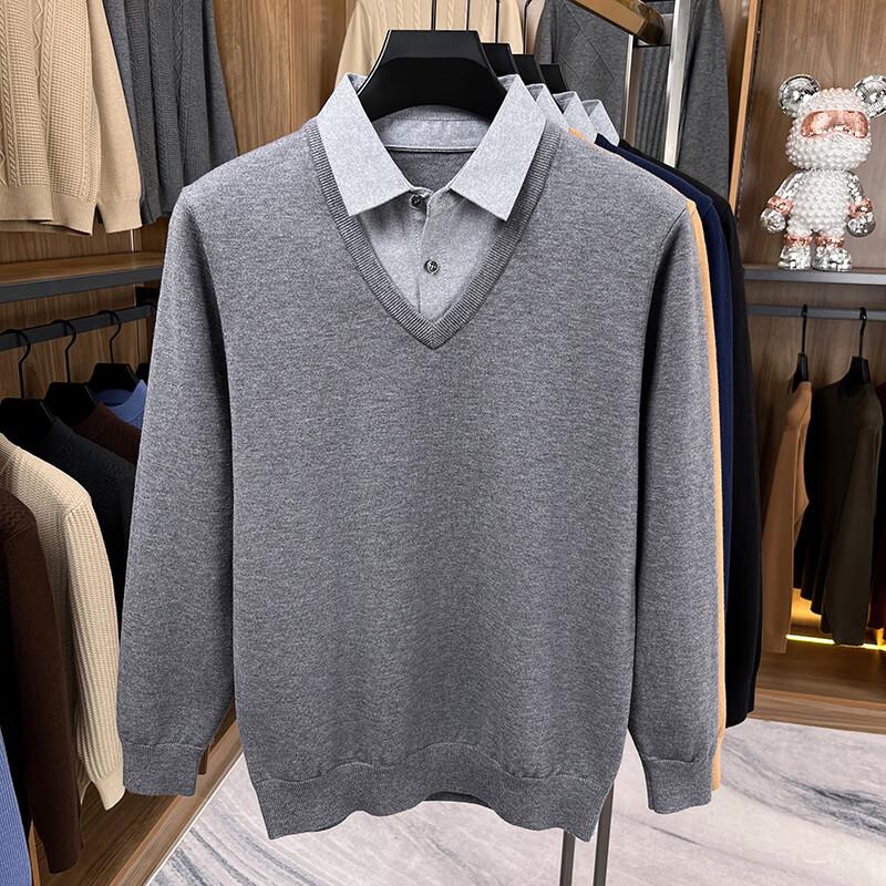 Yiliteng Men's V-Neck Faux Two-Piece Sweater