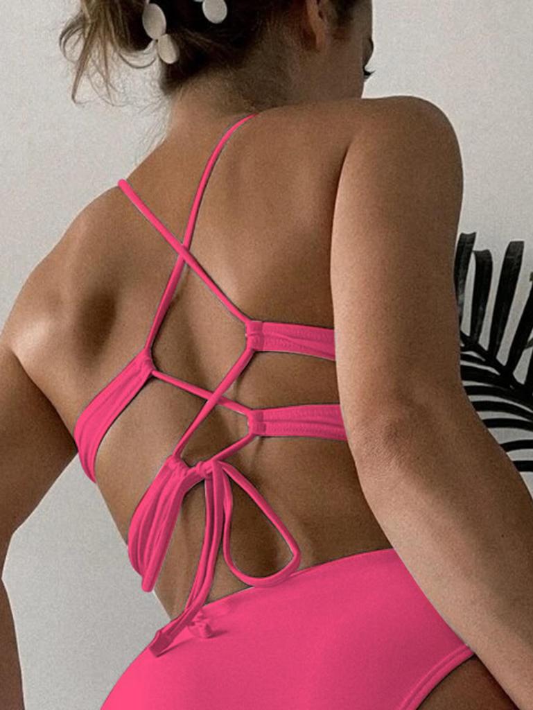 Black and Pink Cross-Back Bikini Top - Sexy Sport Camisole with Tie Straps