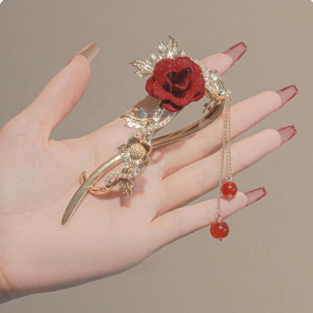 Elegant Red Rose Tassel Hairpin - U-shaped Hair Accessory for Women, Perfect for Updos and Traditional Attire.