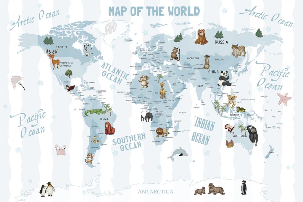 Children's photo wallpaper world map with blue stripes and animals DWK288 300x200