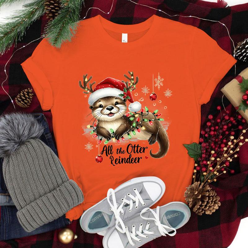 New Christmas All The Otter Reindeer T Shirt Women Casual Personality Round Neck Short Sleeve Fashion Christmas