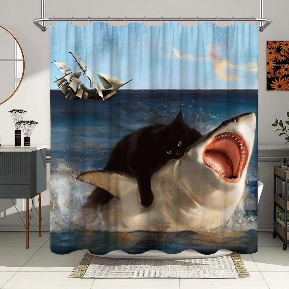 Unique Cat Riding Shark Shower Curtain - Waterproof, Mildew-Resistant With Ocean Adventure Design For A Quirky And Fun Bathroom