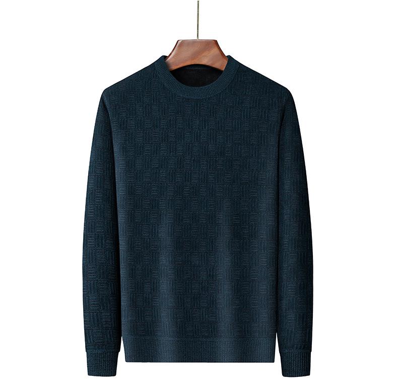 Men's Fleece-lined Jacquard Sweater - Winter Warmth, Round Neck Solid Color Knitwear.